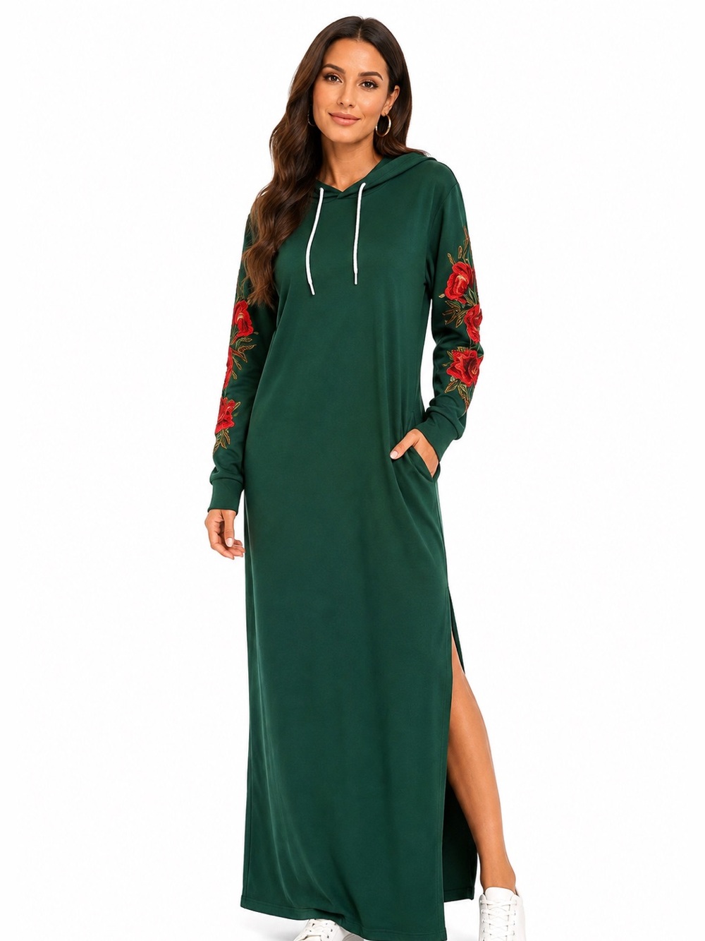 Women’s Green Floral Embroidered Hoodie Maxi Dress Size Large Long Sleeve Side L